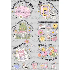 Positivitea Mini DTF Transfer Gang Sheet 24.5" Wide x 36" Long Direct To Film Trendy Vibrant Designs for Stylish Wardrobe