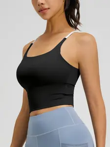 Women's Cross Back Sports Bra, Long Padded Yoga Vest Top, Comfortable Exercise Wear for Running & Fitness Activities, Backless Sports Bra