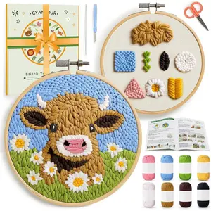 Punch Needle Kits for Beginner, DIY Punch Needle Kit Adults Beginner Include 2 Pre-printed Fabrics, Embroidery Hoop, Threads, Easy for Adults & Children, Craft Gifts and Decorations 20*20cm