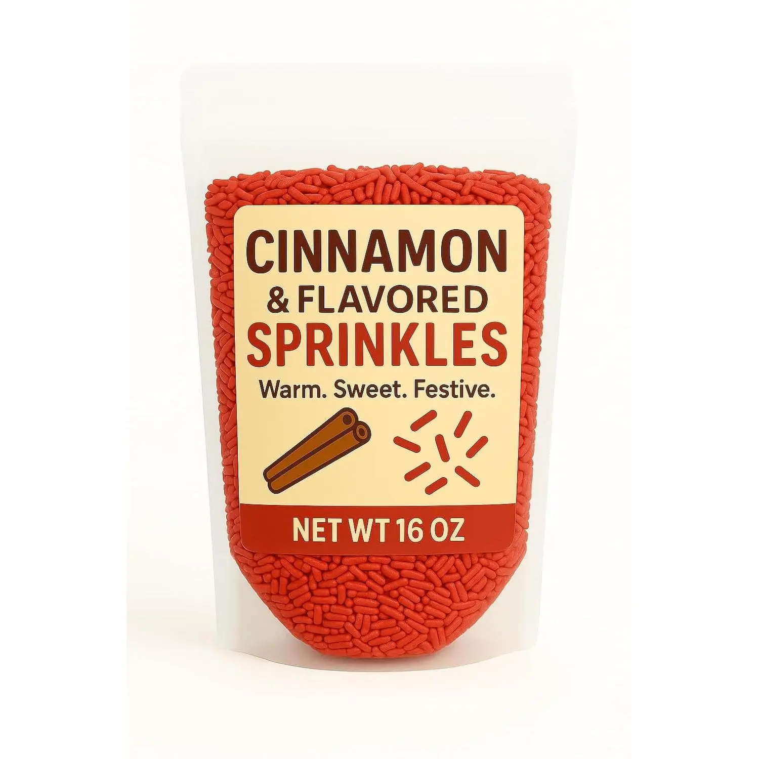 Cinnamon Flavored Red Sprinkles – 16 oz Resealable Stand-Up Pouch – Warm, Sweet, & Spicy Baking Decoration – Perfect for Cookies, Cupcakes, Ice Cream, and Holiday Desserts