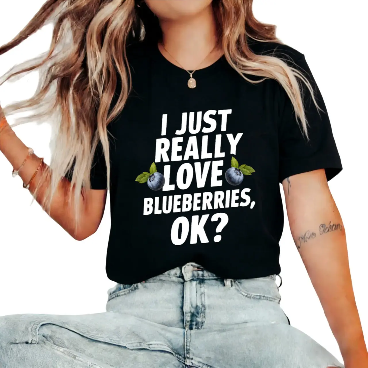 Women's Vintage Blueberry Graphic T-Shirt - "I Just Really Love Blueberries, OK?" Slogan & Berry Print - Soft Casual Short Sleeve Tee - Funny Foodie Apparel for Blueberry Lovers Check Cotton