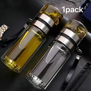 Luxury Double-Walled Borosilicate Glass Tea Tumbler with Stainless Steel Infuser, Food Grade BPA Free Lead & Cadmium Free Heat Resistant Anti-Scald Leak Proof Portable Tea Cup, Travel Water Bottle, Dishwasher Safe Ideal Business Gift for Men Women Office