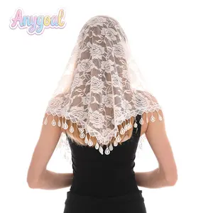 Anygoal Women's Floral Rose Lace Triangle Scarf, Sheer Crochet Shawl with Teardrop Tassel Trim, Elegant Solid Color Neck & Head Wrap, Lightweight Breathable Versatile Scarf for Daily Wear, Church, Latin Events, Wedding Guest and Casual Outfits summervibes
