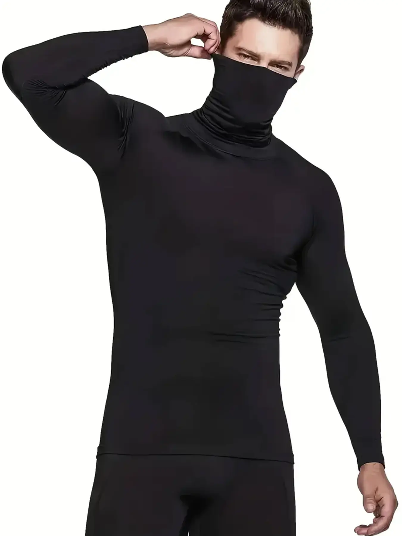 Men's High Neck Long Sleeve Slim Fit Warm Knit Top, Casual Loose-Fitting Thermal Shirt, Suitable for Fall Layering & Outerwear, Fashion Knitted Turtleneck, Thermal Menswear, Clothing