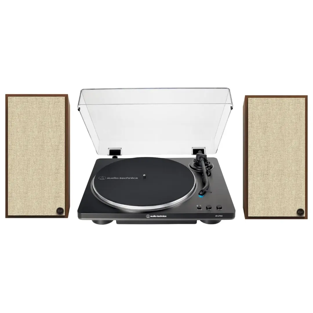 Klipsch The Sevens Heritage-Inspired Powered Audio Speakers (Walnut) Bundle Set with LP70X Fully Automatic Belt-Drive Vinyl Turntable, Amplifier, Wireless Capability, Loud Bass, Bluetooth, Digital Connectivity & Built-In Subwoofer Metal Watts, Streaming,