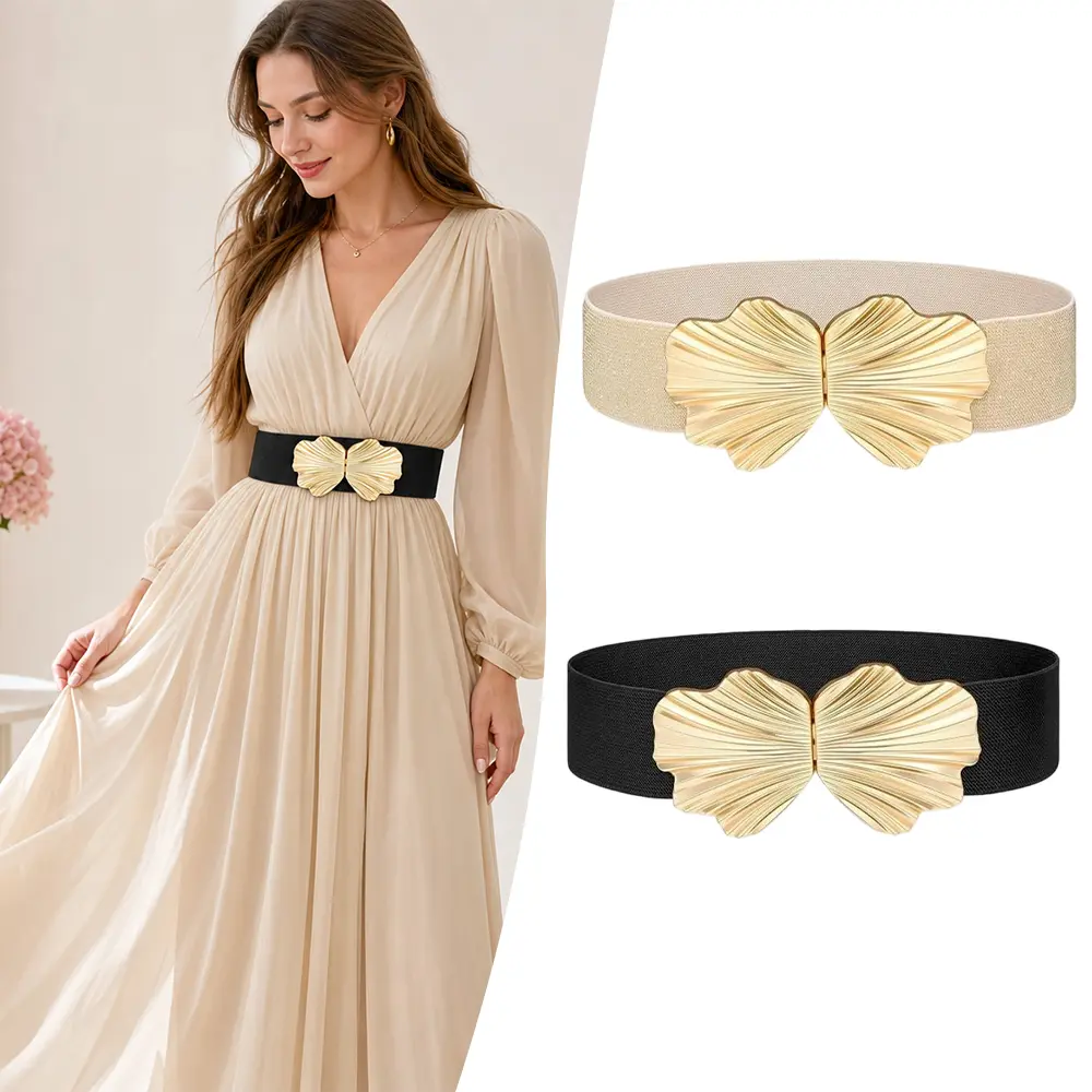 2 Packs Women’s Wide Elastic Belt for Dresses Kit, Stretchy Fashion Waist Belt for Ladies with Boho Shell Gold Buckle Perfect for Vacations, Parties, Weddings, Brunch, Beach Trips and Everyday Wear
