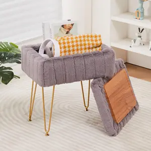 Upholstered Soft Storage Ottoman, Vanity Stools with Metal Legs, Modern Faux Mink Fur Footstool, Makeup Chair with Anti-Slip Feet, Accent Table,Footrest,Storage Bench for Bedroom