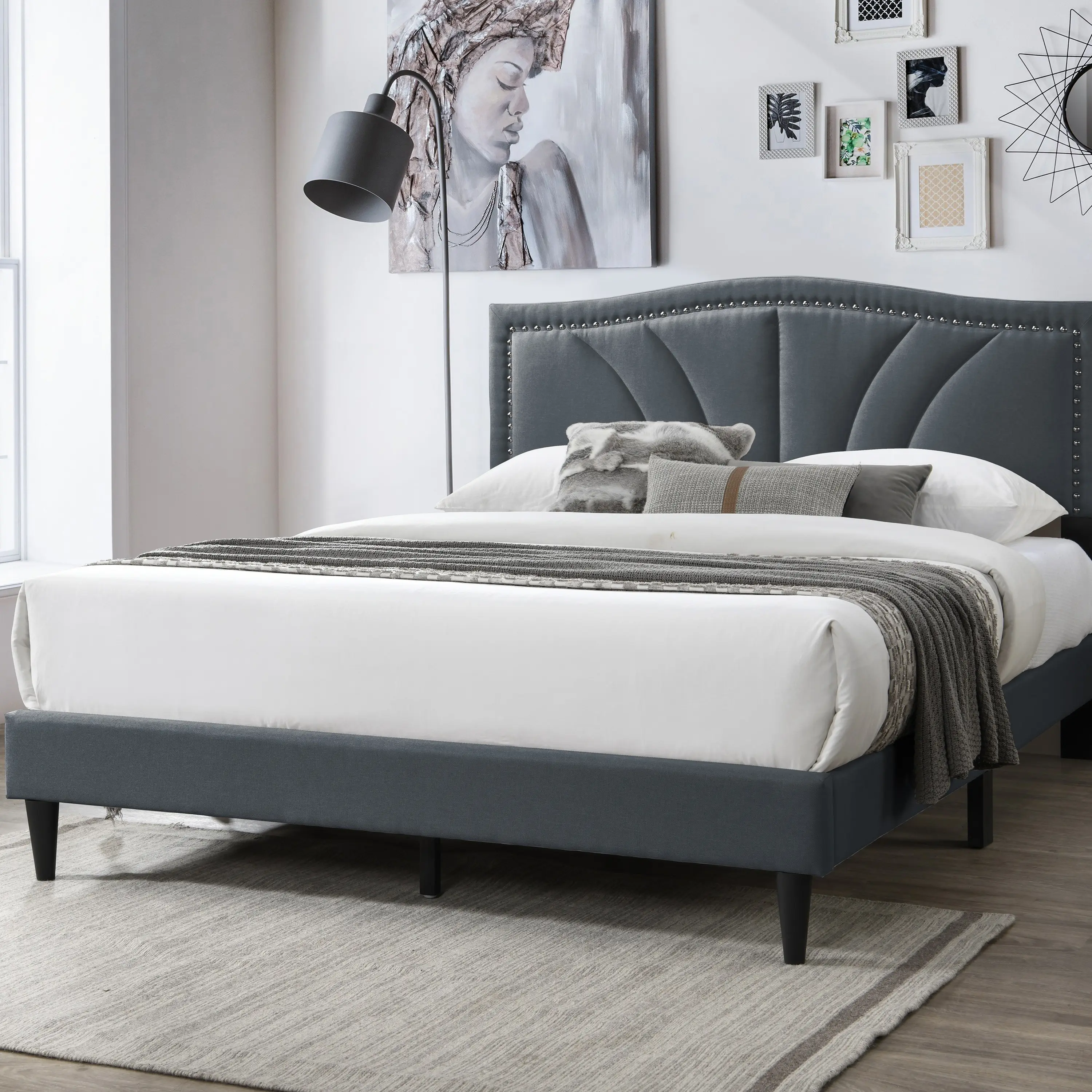 Modern Vintage Look 1pc Full Size Bed Charcoal Burlap Fabric Nailhead Trim Accents Headboard Bedframe 81x54x44 inches