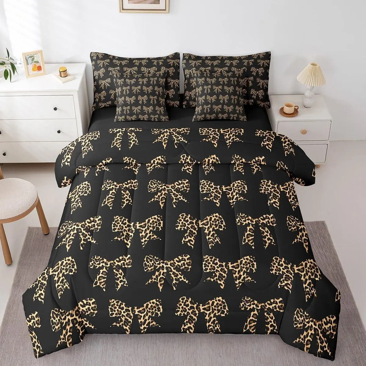 Feelyou 7-Piece Ultra-Soft Leopard Print Microfiber Bed Cover Set - Coquette Bowknot Design, Brown Geometric Pattern Linens, Women's All-Seasons Breathable Bedding Set, King Size Option Available, Do Not Bleach