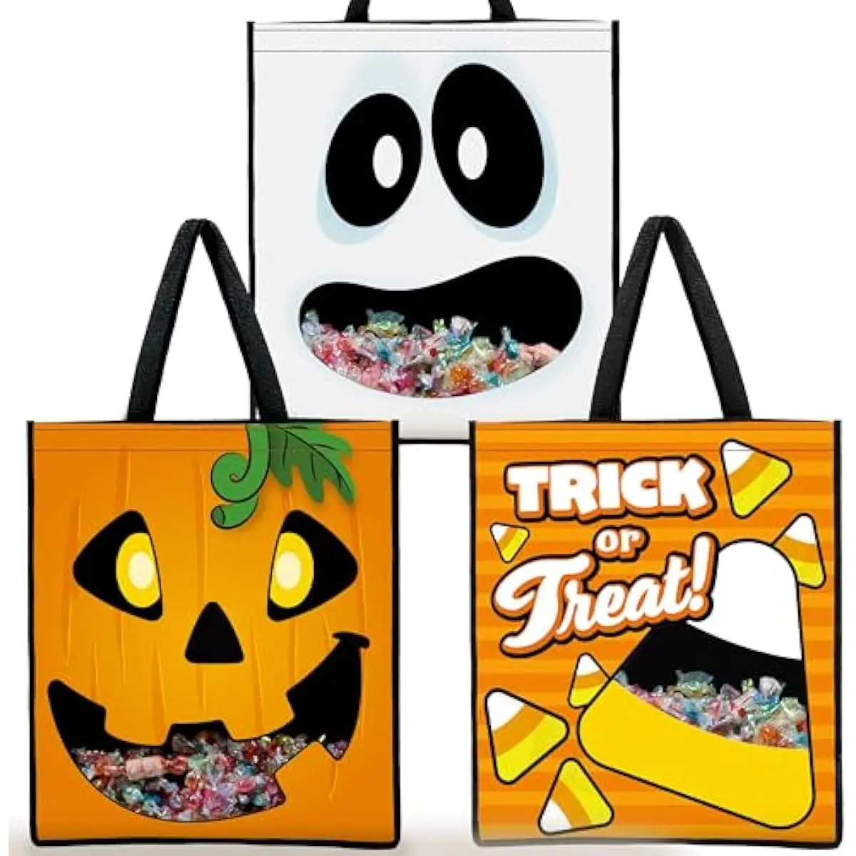 3 PCS Halloween Large Tote See-through Bags, 22.5 x 13.4 Halloween Goodie Candy Bags for Kids Trick or Treating, Grocery Shopping Gifts Tote with Handles, Classroom Party Favor Supplies