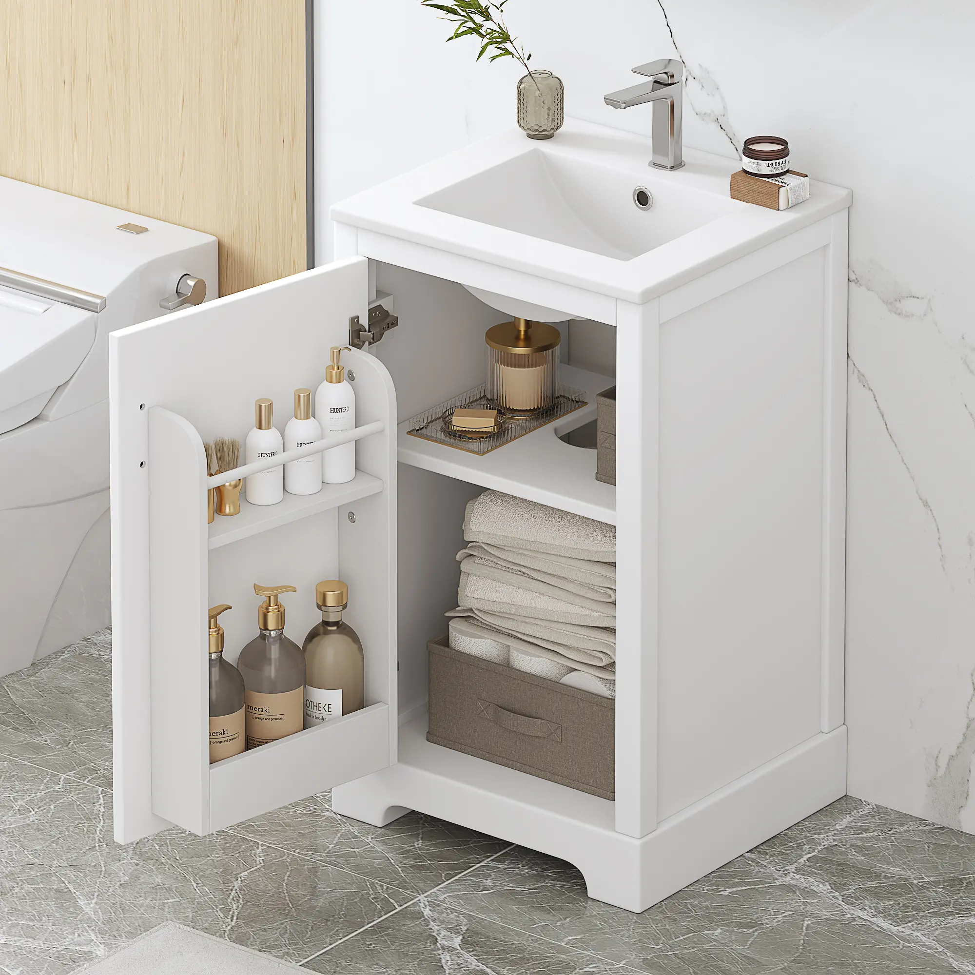 20-Inch White Bathroom Vanity with Ceramic Sink, Soft-Close Door, Storage Rack, and Adjustable Shelf, MDF Cabinet, Single-Hole Faucet Mount, Modern Design