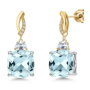 Gem Stone King 925 Silver and 10K Yellow Gold Sky Blue Simulated Aquamarine and White Moissanite and Lab Grown Diamond Dangle Earrings for Women | 12.51 Cttw | Gemstone March Birthstone | Cushion 12MM
