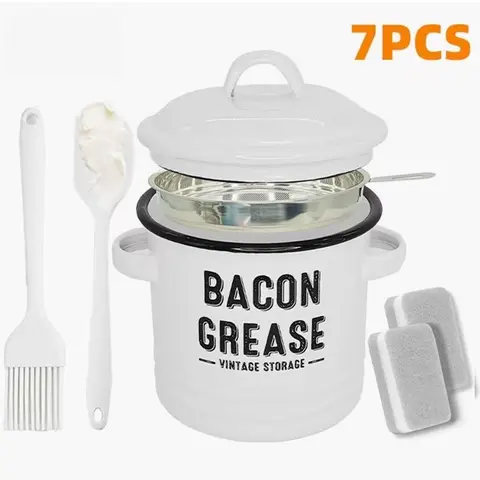 46oz Rustic Filter-Type Enamel Bacon Grease Container with Handle - Fine Mesh Strainer, Food-Grade Spatula, Dishwasher-Safe Heat-Resistant Fat Keeper for Cooking, Food Colander Kitchenware,familyfun