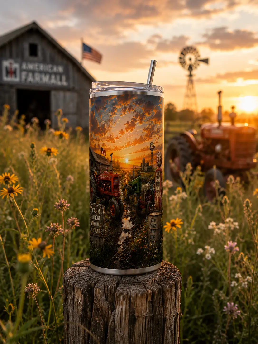 Vintage Tractor 20 oz Stainless Steel Tumbler | Farmhouse Travel Mug with Lid & Straw | Farmer Gift | Farmall Style Cup