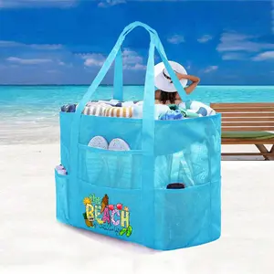 Mesh Beach Bag, Large Beach Storage Tote Bag, Multi-Use Organizer with Zipper Closure, Foldable Design Large Mesh Tote Bag Lightweight for Family Beach Bag for Toys & Vacation Essentials, School Bag, Large Capacity, Waterproof, Travel Tote Bag