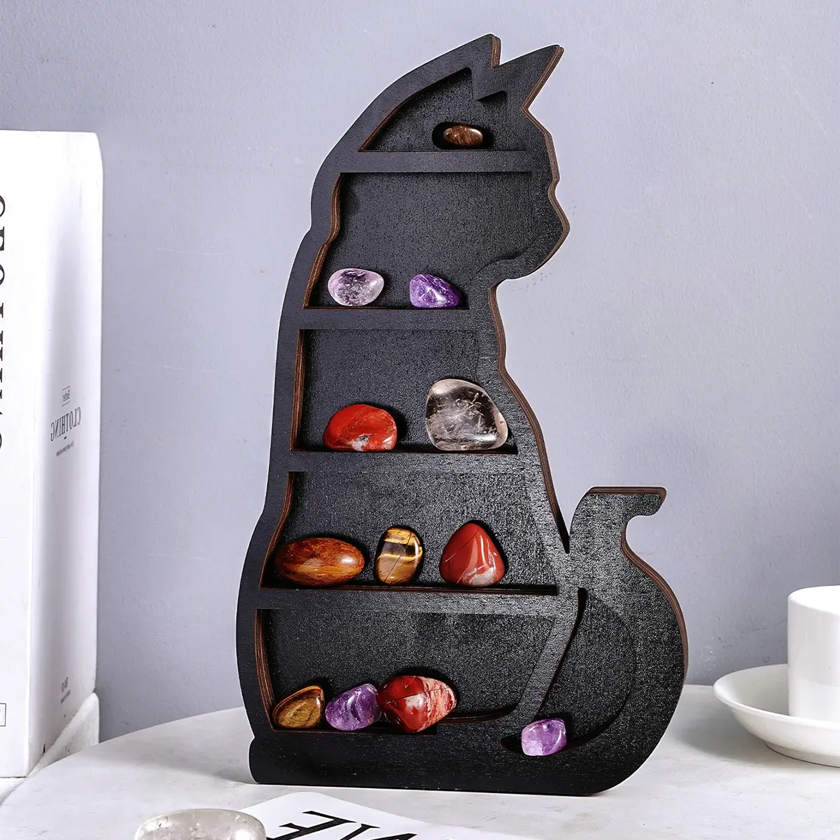 Vintage Gothic Cat Art Display Shelf, Wooden Crystal Energy Stone Storage Rack, Home Bedroom Decor, Meditation Accessories