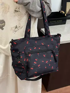 1pc  Ladies' single shoulder tote bag, large capacity handbag, crossbody bag, cherry print, fashionable and versatile, suitable for students, campus work, commuting, shopping, ladies' tote bag