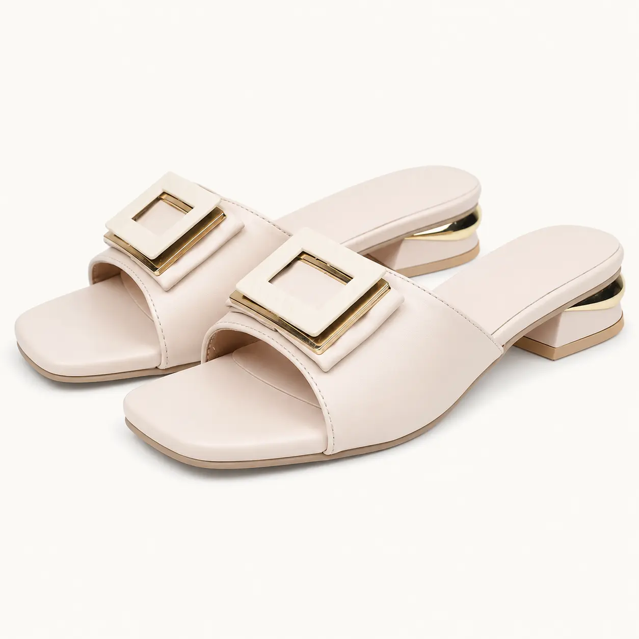 GeeYea women’s Nude Buckle Slide Sandals, Open Toe Low Heel Slip-On Dress Sandals with Square Buckle Accent, PU Upper & PVC Sole, Elegant Office, Date Night & Spring Summer Shoes