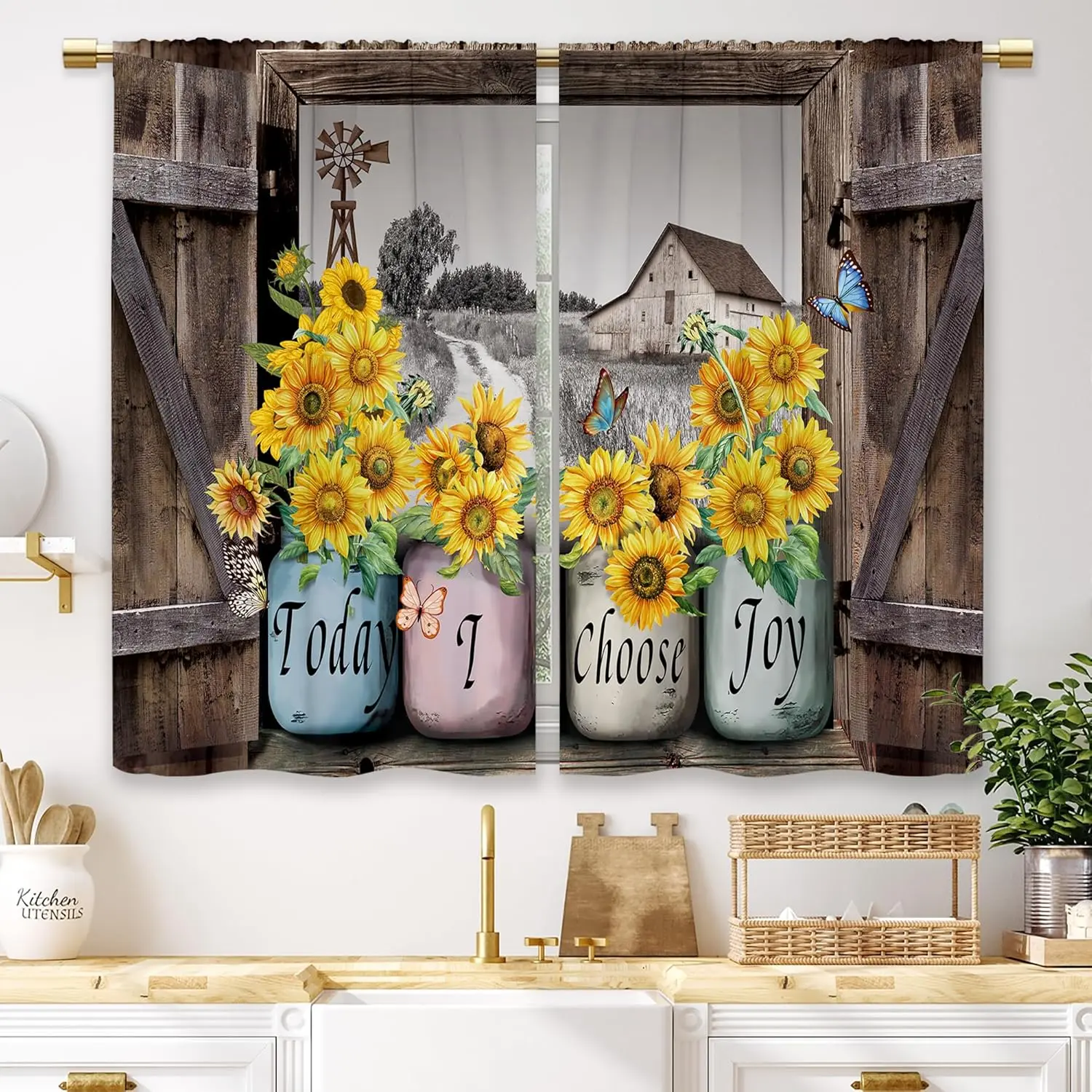 Sunflower Vintage Farmhouse Kitchen Curtains Country Barn Door Small Short Cafe Window Curtains Wooden Butterfly Rod Pocket Bathroom Drapes Treatment Tier Curtains 2 Panels (27.5x39 Inch)