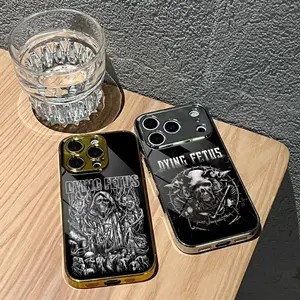 PIKPAKA D-DYING FETUSS Cool Heavy Metal Rock Band Logo Fashion Phone Case For IPhone 17 16 15 14 13 12 Pro Max Plus Electroplated Metal Bumper Case Slim Tempered Glass Back Advanced Materials Shockproof Anti-Scratch Luxury Case Fashion Durable Stylish