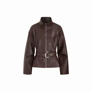 Cider Faux Leather Stand Collar Zip Through Jacket With Belt