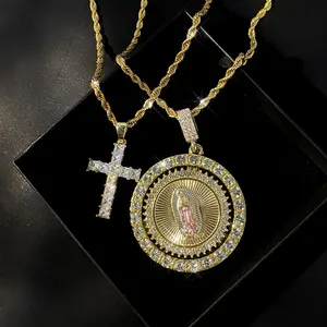 2Pcs Virgin Mary Cross Necklace, 14K Gold Plated Rotatable Virgin Mary Necklace, Christian Religious Prayer Amulet Jewelry Gift for Men and Women Zinc Alloy Rhinestones 20"