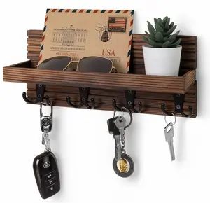 Wooden Key Holder Wall Rack – Rustic Entryway Organizer with 4 Hooks for Keys, Mail & Sunglasses