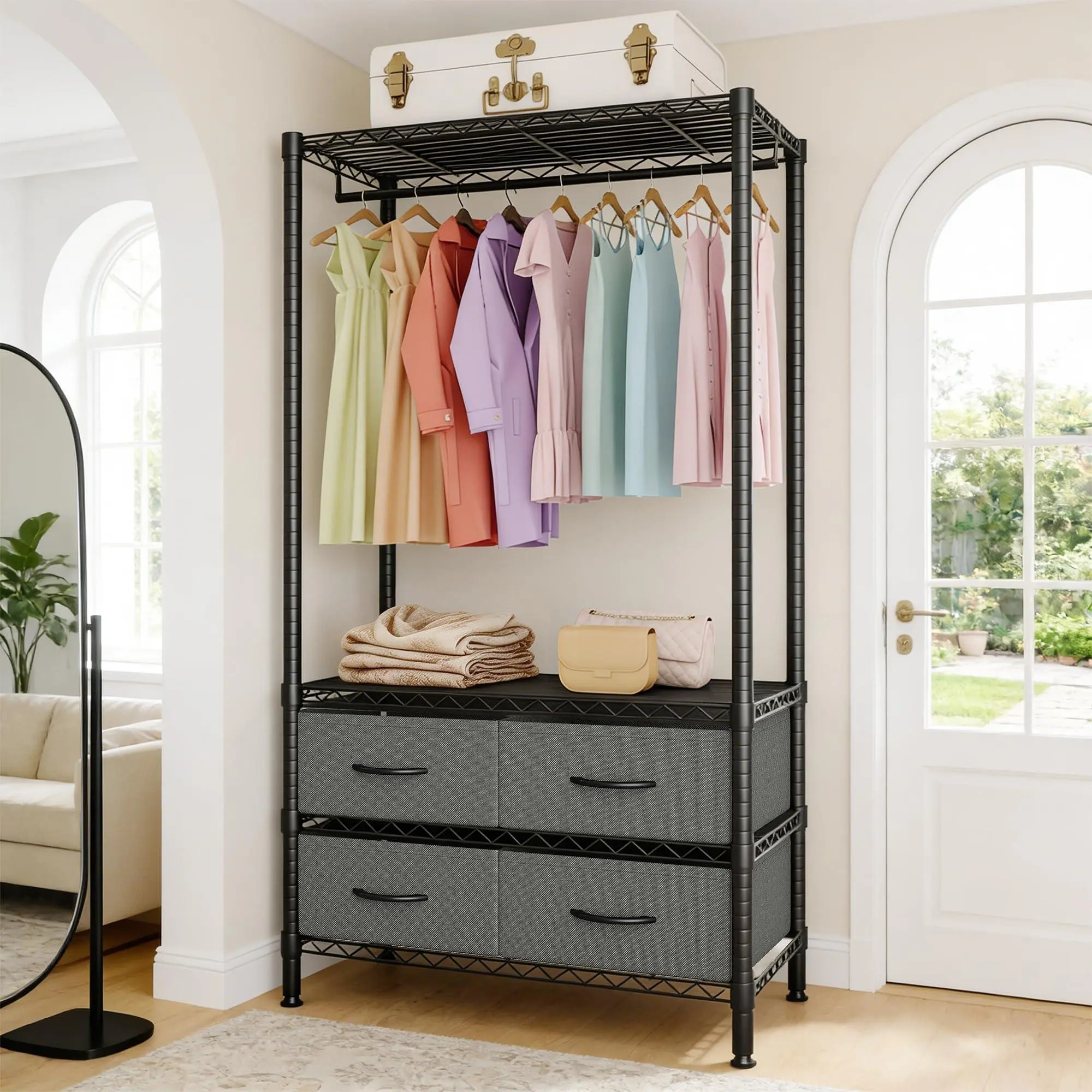 Garvee Heavy Duty Clothing Racks with Drawers,Load 682lbs Clothing Rack for Hanging Clothes Portable Closet Garment Rack for Bedroom, Basement