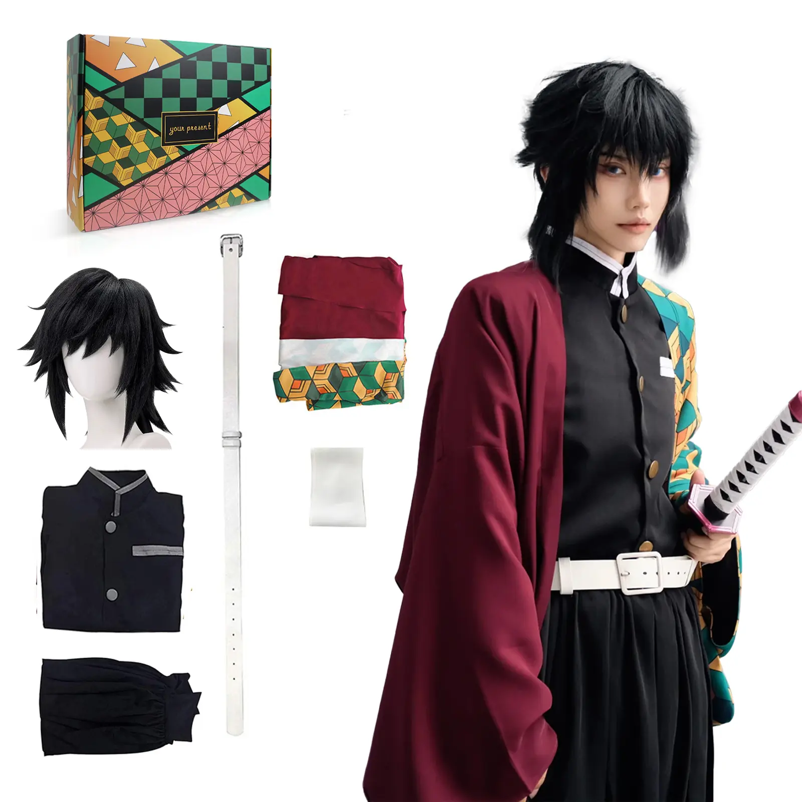 Women's Giyuu Anime Cosplay Costume Set, Split-Pattern Kimono Style Clothes with Pant and Wig for Halloween and Convention Fans (Asian Fit), Costumes, Women's Clothes, Anime Cute, Layered Look