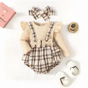 Baby Girl Plaid Patchwork Romper Set with Headband – Cute Spring/Summer Outfit, Perfect for Christmas Photos