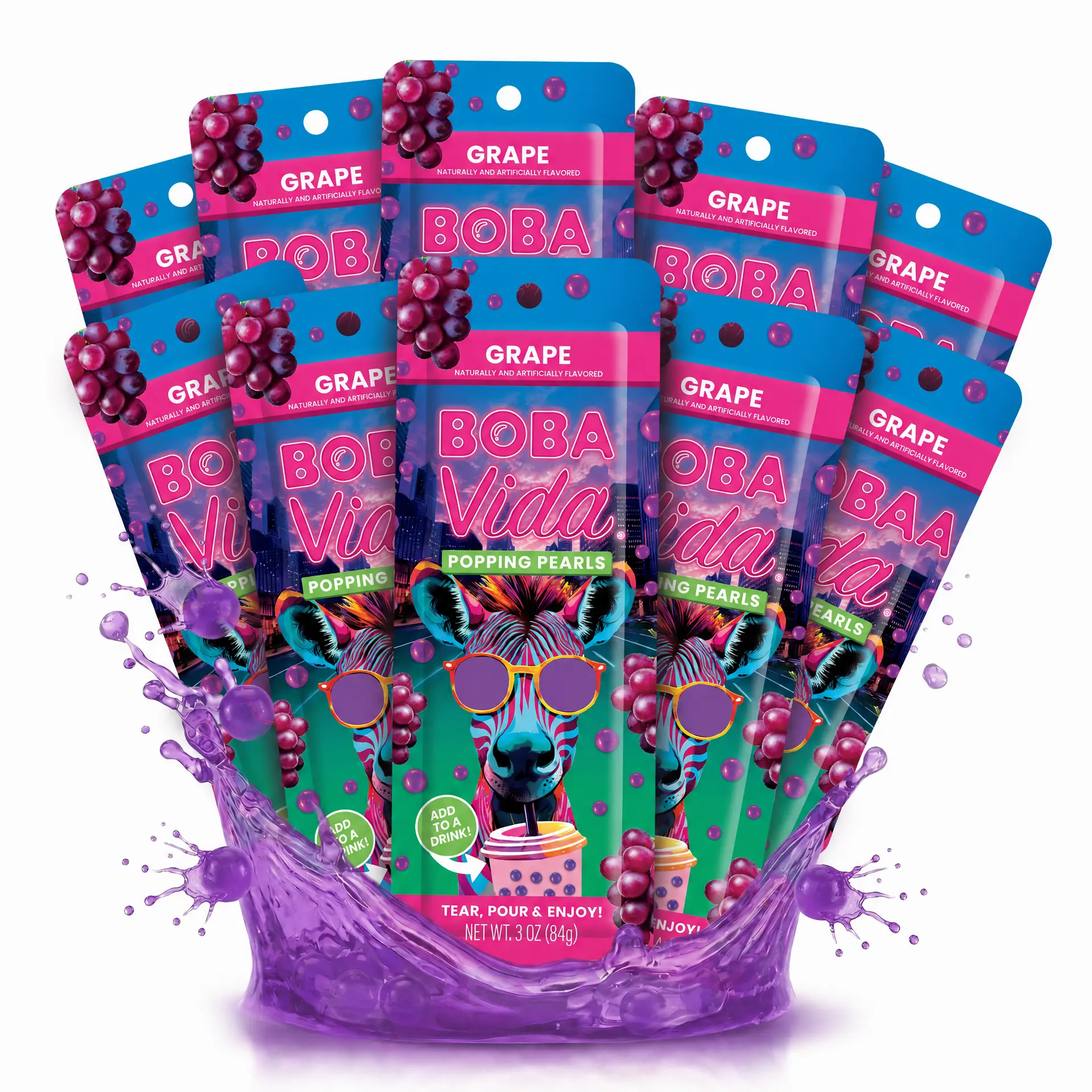 Grape Popping Boba (10 pouches) | Bursting Fruit Juice boba Pearls for Beverage Drinks & Desserts | Vegan, Gluten-Free | Tapioca pearls alternative, Includes Straws