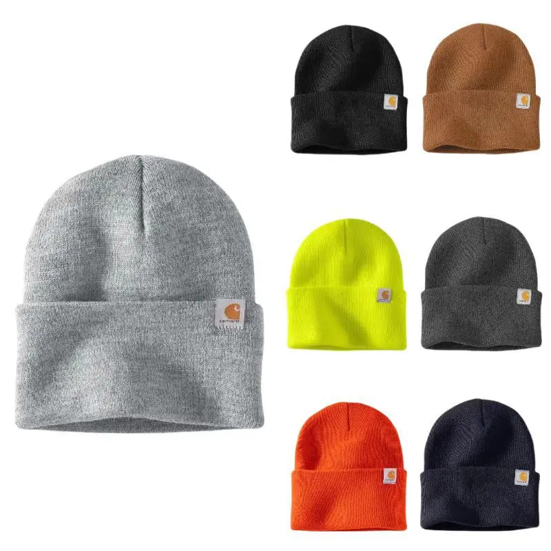 CARHARTT Solid Color Cuffed Knit Beanie, Woven Tag Classic Workwear Skull Cap, Double Layer Windproof Warm Winter Hat for Men Women