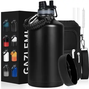 1 Gallon Water Bottle Insulated  Leak Proof 128 Oz Stainless Steel Jug With Straw/spout 2-in-1 Lid Sleeve Paracord Handle Silicone Boot One Gal Metal Canteen For Gym Sports Camping