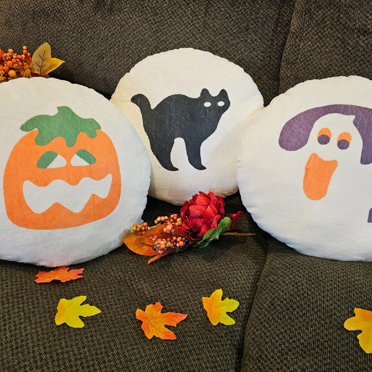 15-Inch Giant Kawaii Halloween Sugar Cookie Pillow - Minky Fabric Soft Furnishing with Pumpkin, Black Cat, Ghost Halloween Icons - Room Decor Accent Pillow