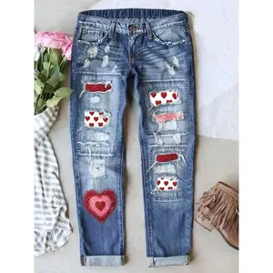 Valentine's Day heart-shaped patch printed jeans, retro ripple design, cat whisker craftsmanship, elastic and comfortable fabric, perfect fit long denim jeans, patch ripple jeansRAIMENTRY