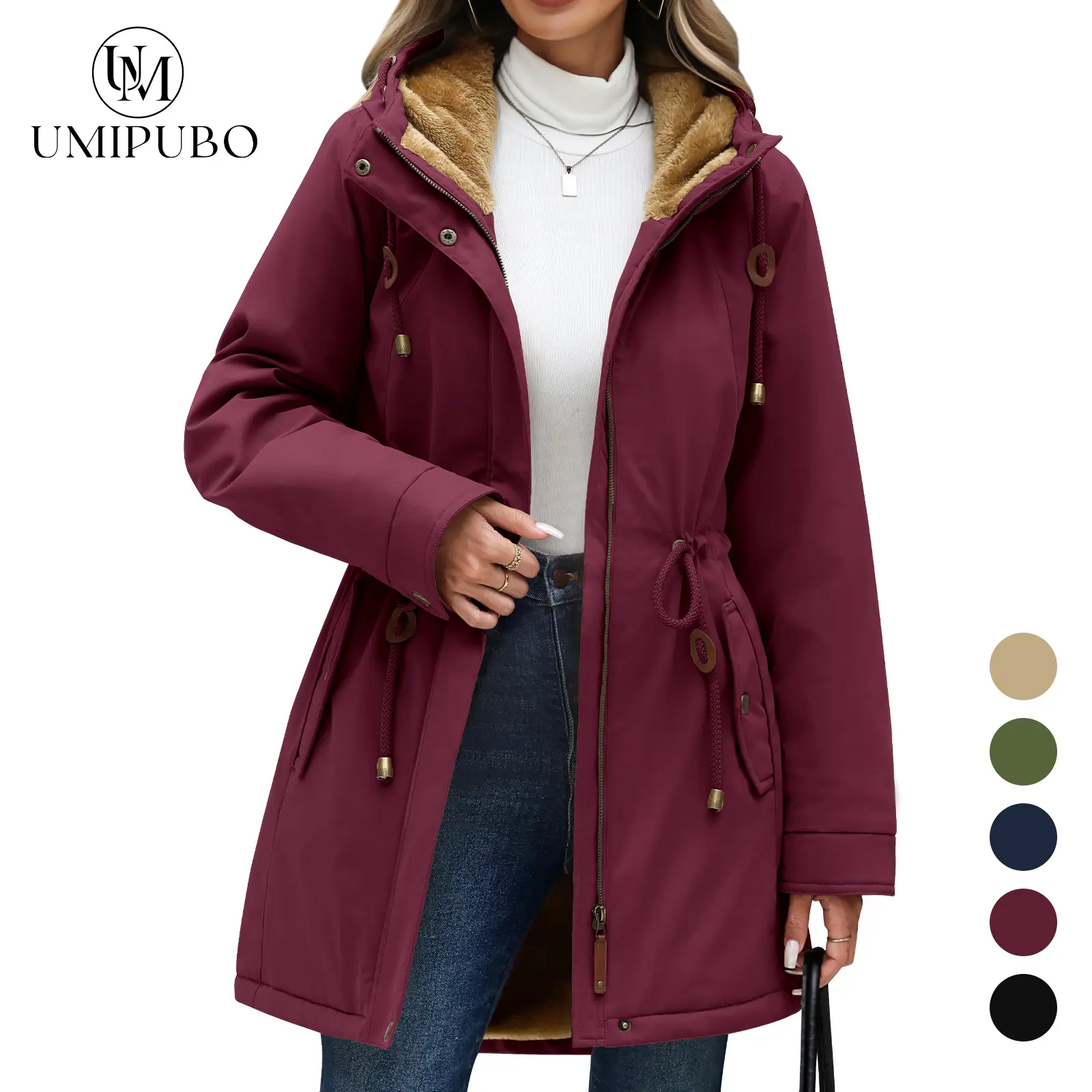 UMIPUBO Women's Hooded Fleece-Lined Winter Parka Coat Tops - Water-Resistant, Drawstring Waist, Windproof Warm Jacket with Pockets for Casual Outdoor Travel