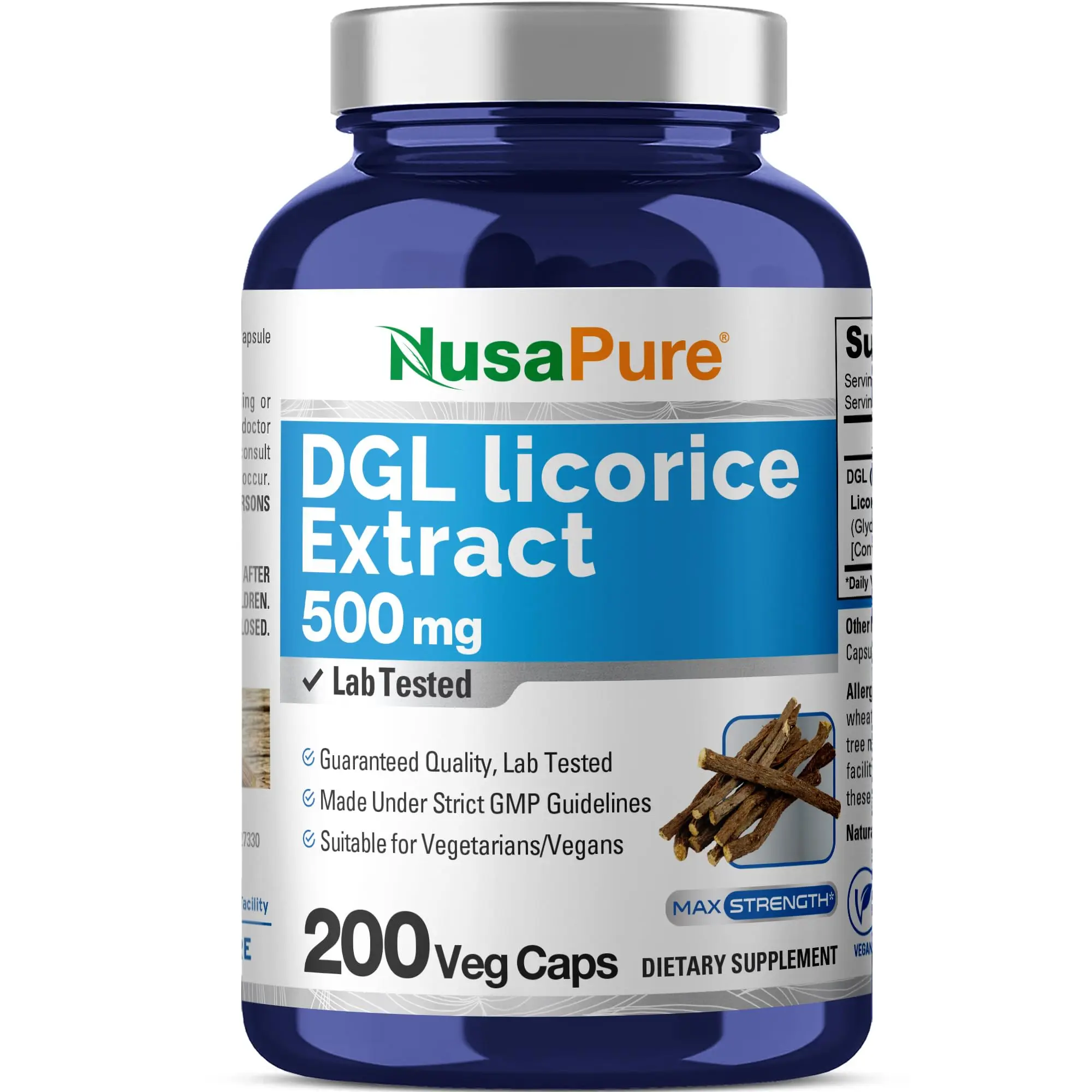 NusaPure DGL Licorice Extract Dietary Supplement - 500 mg, 200 Veggie Capsules, Vegan, Non-GMO, Herbal, Plant-Based, Acid-Supporting Healthcare Supplement