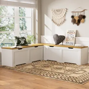 3-Piece L-Shaped Multi-Functional Storage Bench with Cushion, serving as a kitchen corner bench, toy storage box, or reading nook seat., White and Natural, 63"D x 63"W x 19.1"H