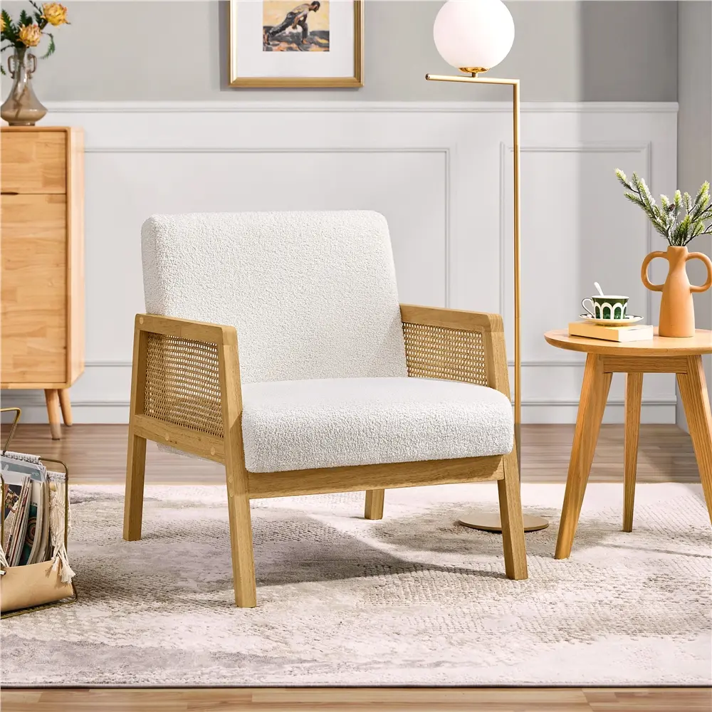 Yaheetech Contemporary Comfy Reading Chair - Modern Oversized Upholstered Indoor Lounge Furniture, Rattan Sides, Rubberwood Legs, Easy Set Up, Durable Seating for Living Room, Bedroom Chair, Handcrafted Rattan Webbing