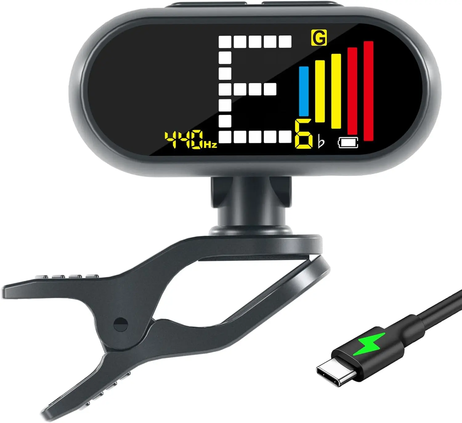 Professional Rechargeable Clip-On Guitar Tuner with LCD Screen - Chromatic Clip on Tuner for Acoustic Guitar, Bass Guitar, Ukulele, Violin & Chromatic