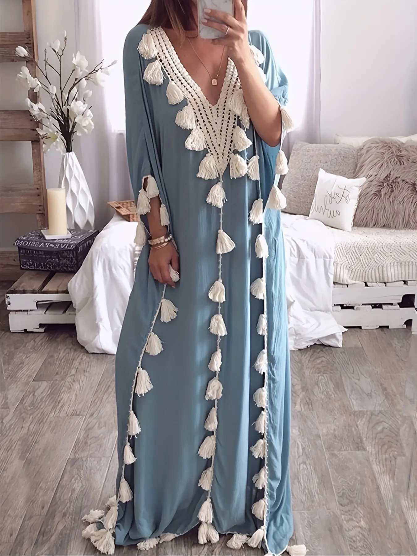 Women's Patchwork Fringe Trim Batwing Sleeve Arabian Muslim Kaftan Dress, Elegant V-Neck Half-Sleeve Long Robe for Daily Wear, Islamic Clothing for All Seasons