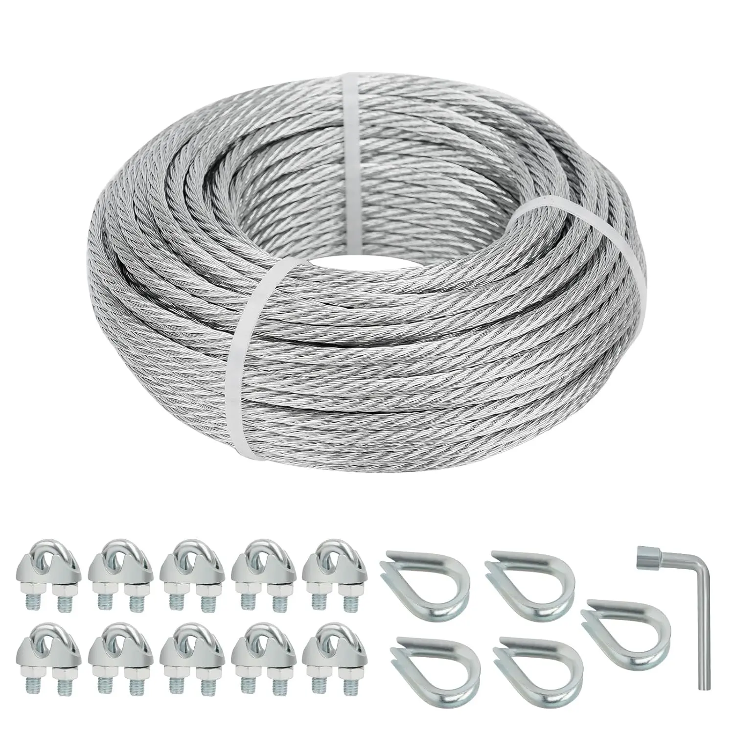 Galvanized Steel Wire Rope Cable, 3/16” Galvanized Steel Cable with Rope Clamp and Thimble, 7X7 Strand Core Aircraft Cable Used for Anchored Shed, Fencing, Sunshade, Clothesline (50ft)
