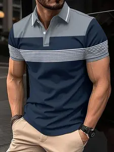 Summer Versatile Men's Colorblock Polo Shirt, Striped Collar Slim Fit Daily Commute Short Sleeve T-Shirt, Fashionable and Comfortable