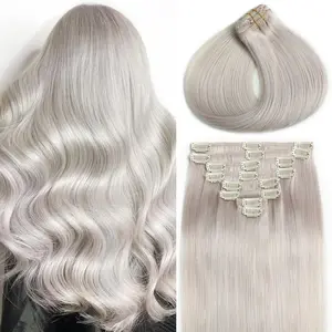 Platinum Silver Clip in Hair Extensions Real Human Hair, 120g Brazilian Remy Human hair Clip in Extensions for Women Seamless Straight Double Weft Easy to Install#Platinum Silver Color