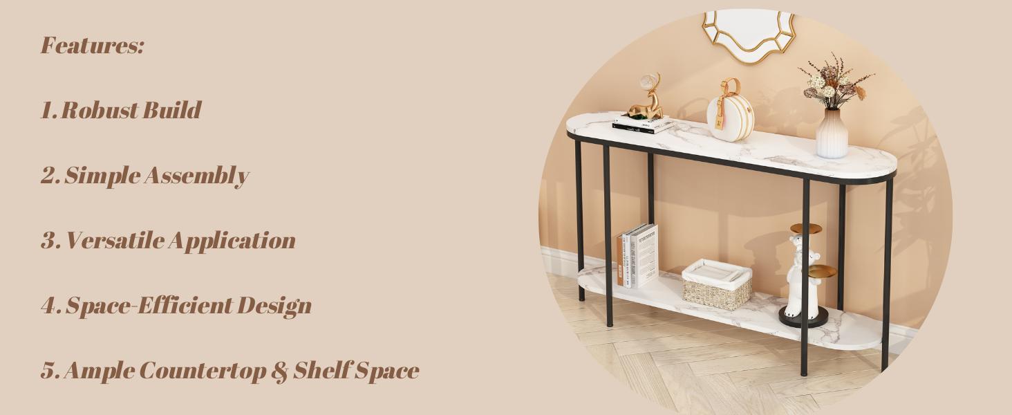 Karlhome  2-Tier Console Table for Entryway, Sofa Table with Storage Shelves White Round Faux Marbled Tabletop Black Metal Frame, Modern Behind Couch Table for Living Room Hallway Entrance Foyer