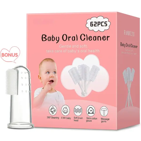 62PCS Baby Tongue Cleaner, Baby Oral Cleaner Newborn Baby Toothbrush,Disposable Infant Toothbrush Clean Mouth,Gauze Gum Clean Stick Dental Care for 0-36 Month +1 Finger Toothbrush with Case