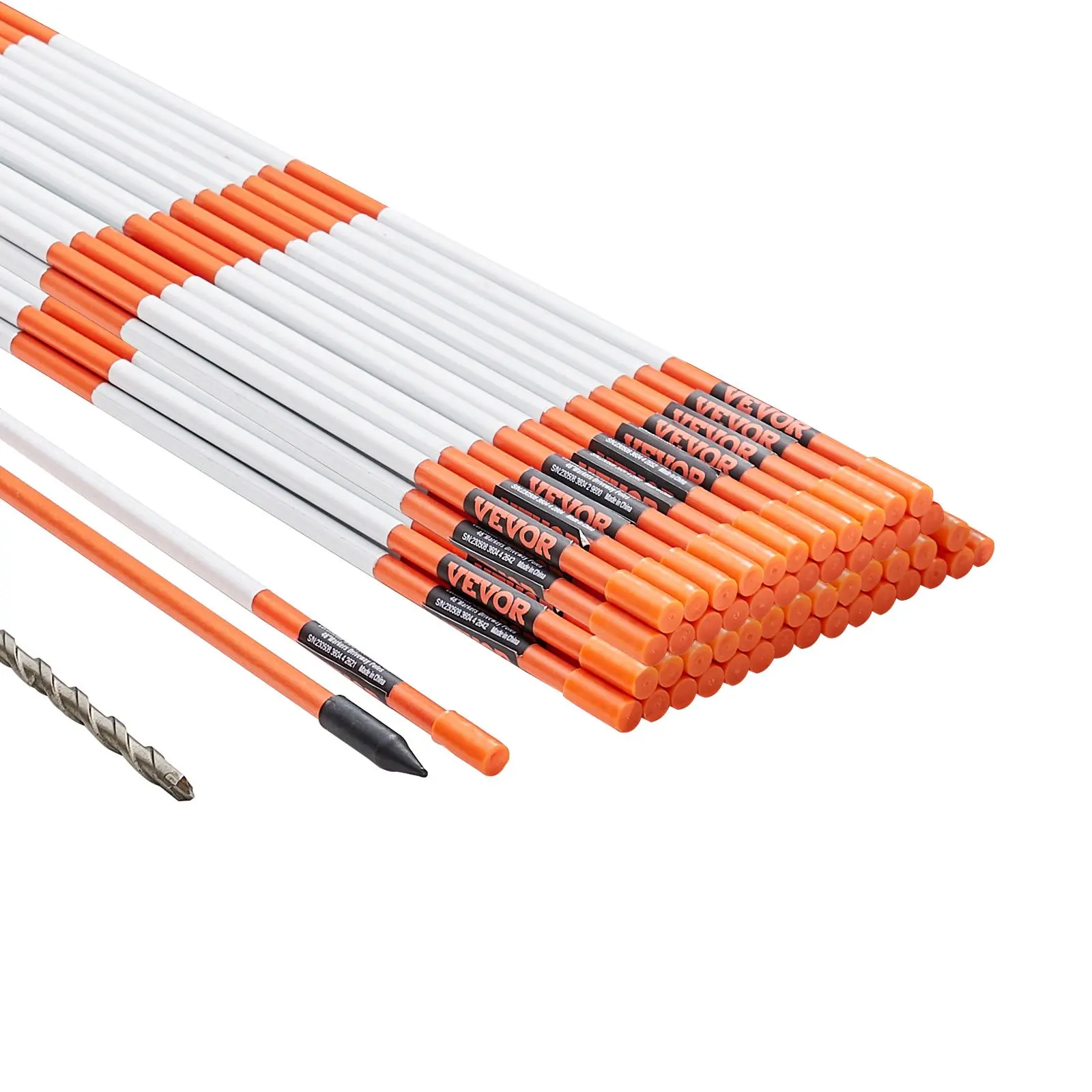 VEVOR 48in Tall Lightweight Strong Fiberglass Driveway Markers, 50 PCS 0.4in Diameter Orange UV Resistant Snow Stakes with Reflective Tape, 12in Steel Drill Bit & Gloves for Garden, Courtyards (Boosts Visibility)