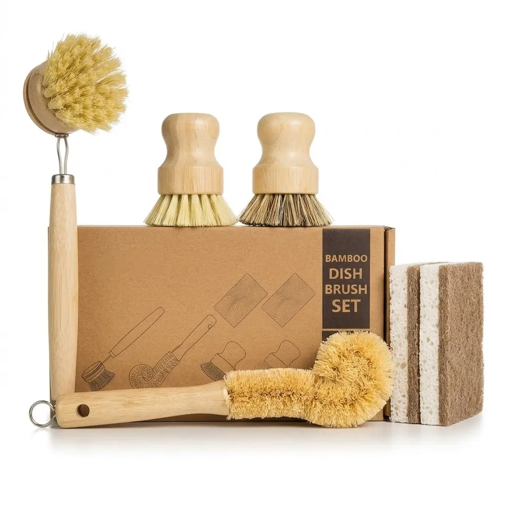 6 Piece Bamboo Dish Brush Set with Coconut Sponge, Natural Wooden Scrub Brushes with Sisal & Palm Fiber, Eco-Friendly Kitchen Cleaner for Dishes, Pots, Pans, Bottles & Vegetables