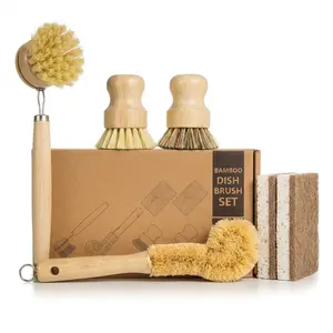 6 Piece Bamboo Dish Brush Set with Coconut Sponge, Natural Wooden Scrub Brushes with Sisal & Palm Fiber, Eco-Friendly Kitchen Cleaner for Dishes, Pots, Pans, Bottles & Vegetables