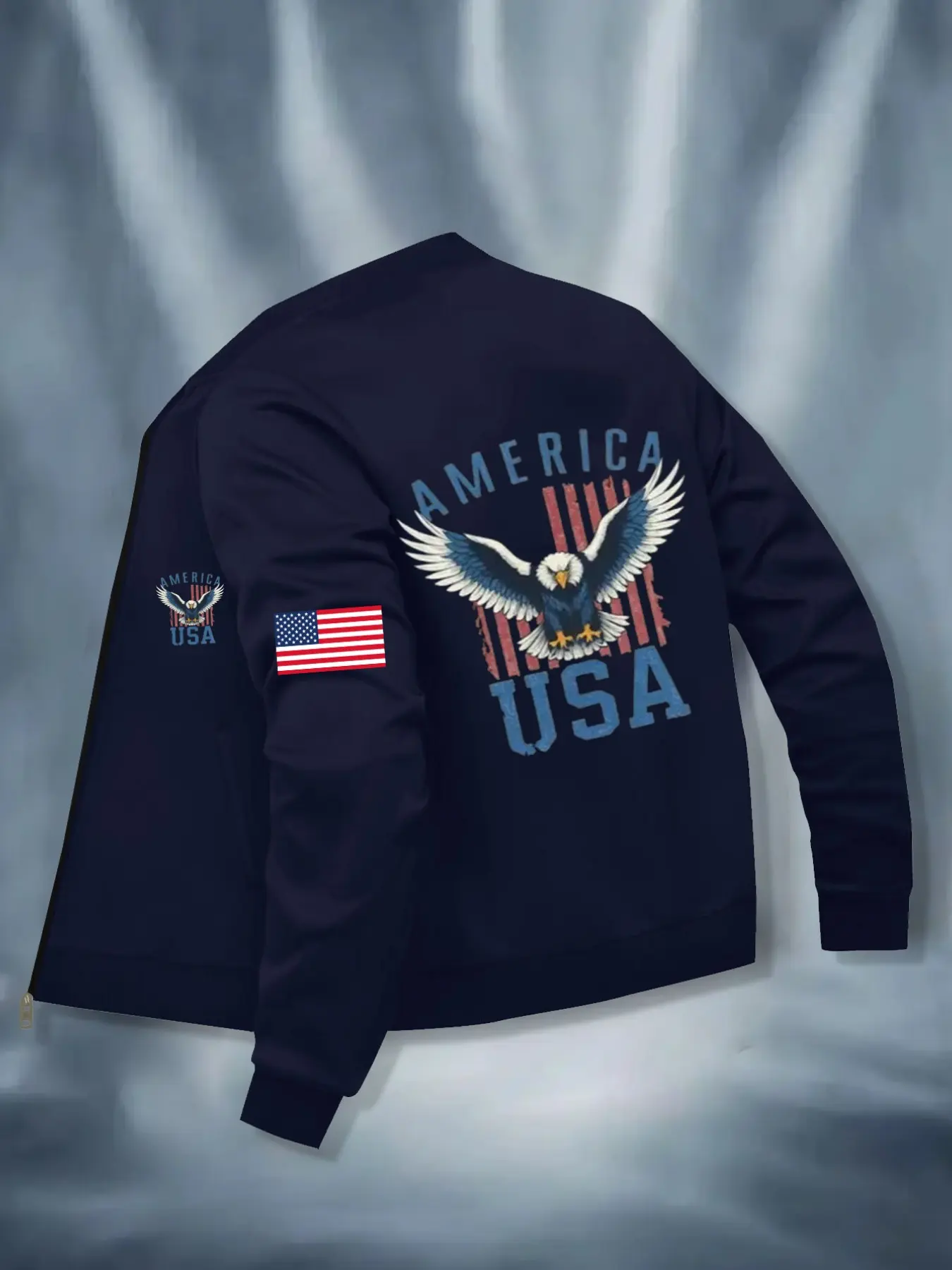 Men's Fall Winter Casual Letter Usa Eagle Graphic Print Stand Collar Long Sleeves Jacket, Casual Outdoor Outerwears, Business Style Outdoor Sports Coat, Zipper Closure Design